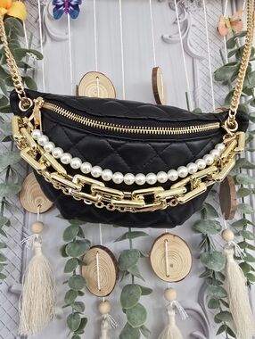 Pearls & Gold Chains Quilted Faux Leather Fanny Pack Crossbody